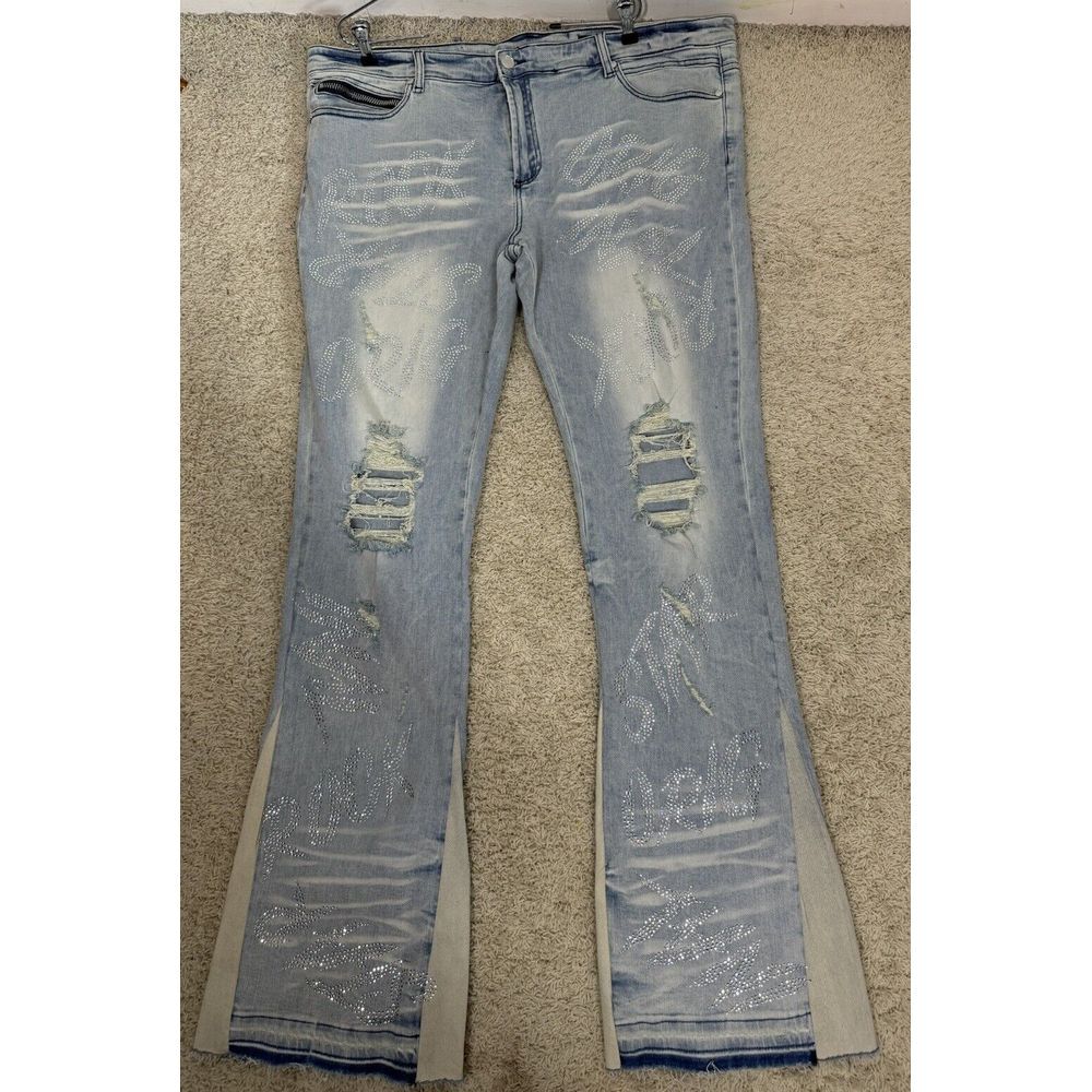 Rockstar Original Distressed Raw Hem Light Wash Bling Flare‎ Jeans RSM 205 Sz 42